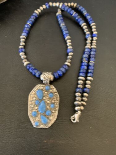 Navajo Sterling Silver Blue Denim Lapis Necklace Pendant | Multi-Stone | Authentic Native American Handmade | 12262