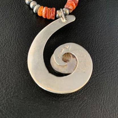 Navajo Orange Spiny Oyster Pendant Necklace | Sterling Silver | Authentic Native American Handmade | 13651