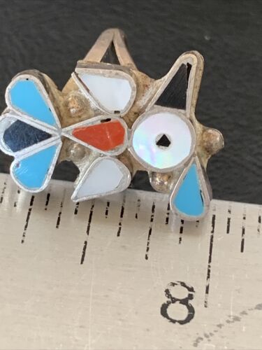 Zuni Peyote Bird Ring | Sterling Silver Coral Turquoise Onyx Mother of Pearl Inlay | Sz 5.5 | 10790