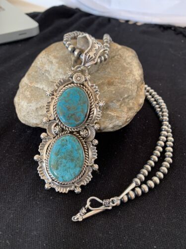 Men's Sterling Silver Navajo Pearls Necklace | Blue Turquoise Pendant | Multi-Stone | Authentic Native American Handmade | 152