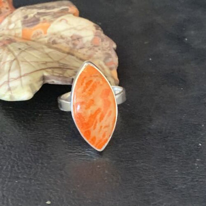 Native American Women's Apple Coral Sponge Ring | Sterling Silver | Sz 8 | 14047
