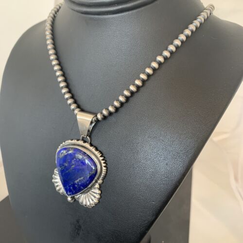Native American Men's Navajo Pearls Necklace Pendant | Sterling Silver Blue Lapis | 01540