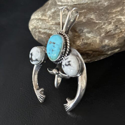 Navajo Blue Kingman Turquoise White Buffalo Naja Pendant | Sterling Silver | Authentic Native American Handmade | 14668