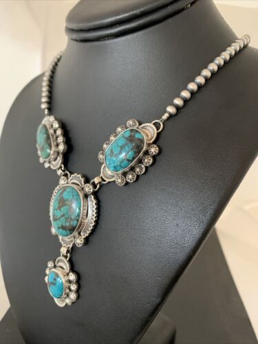 Navajo Lariat Spiderweb Turquoise Pendant Necklace | Sterling Silver | 25" | Authentic Native American Handmade | 01337