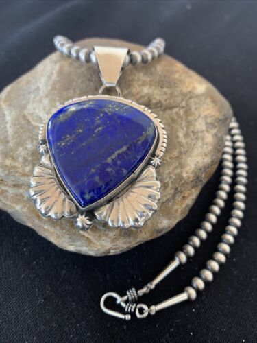 Native American Men's Navajo Pearls Necklace Pendant | Sterling Silver Blue Lapis | 01540
