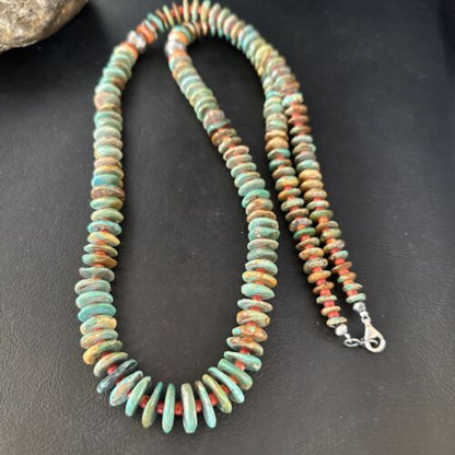 Navajo Turquoise & Red Spiny Oyster Necklace | Sterling Silver | Authentic Native American | 32" | 14382