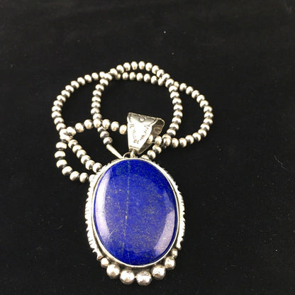 Native American Men's Navajo Pearls Necklace Pendant | Sterling Silver Blue Lapis | 10118