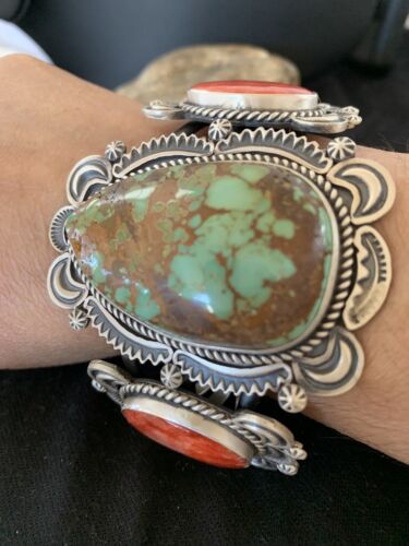 Navajo Royston Turquoise Spiny Oyster Cuff Bracelet | Sterling Silver | Authentic Native American Handmade | 1162