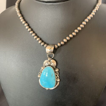 Men's Navajo Pearls Necklace with Blue Kingman Turquoise Pendant | Sterling Silver | Native American Handmade | 12599 - Masha USA