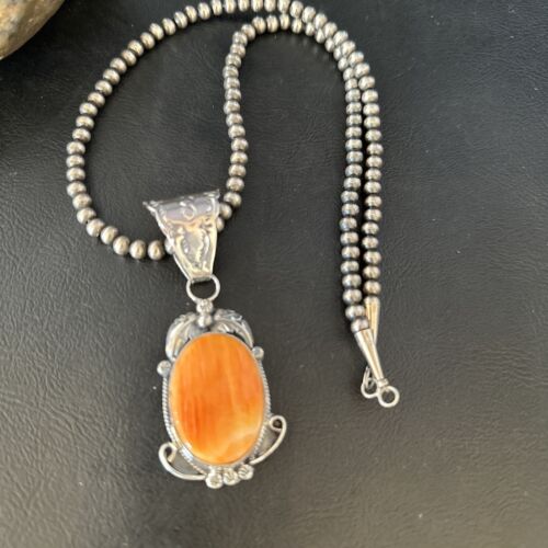 Navajo Pearls Necklace with Orange Spiny Oyster Pendant | Sterling Silver | Authentic Native American Handmade | 14723