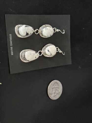 Navajo White Buffalo Turquoise Dangle Earrings | Sterling Silver | 2" | Authentic Native American Handmade | 14712