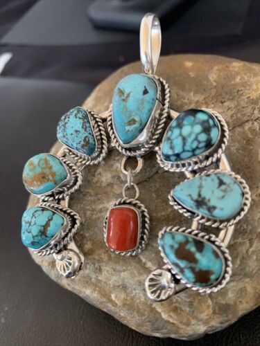 Navajo Coral Spiderweb Turquoise Pendant | Authentic Native American Sterling Silver | Naja | 02226