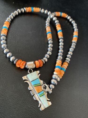 Navajo Turquoise Spiny Oyster Inlay Pendant | Sterling Silver | Authentic Native American Handmade | 11801
