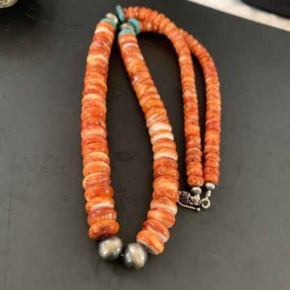 Navajo Pearls Sterling Necklace | Red Spiny Oyster & Turquoise Pendant | 24" | 11327