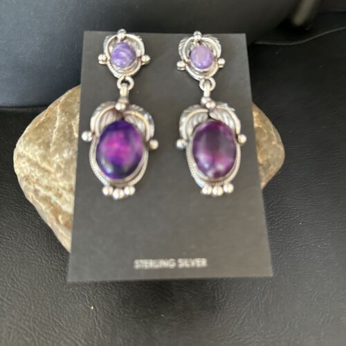 Navajo Purple Sugilite Dangle Earrings | Sterling Silver | 2" | Authentic Native American Handmade | 14405