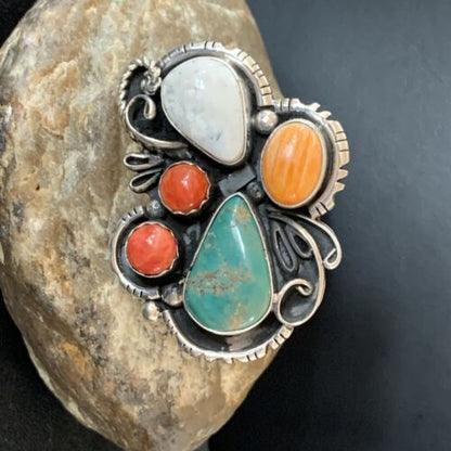 Navajo Blue Kingman Turquoise and Spiny Oyster Ring | Authentic Native American Sterling Silver | Multi-Stone | Sz 12.5 | 02163 - Masha USA