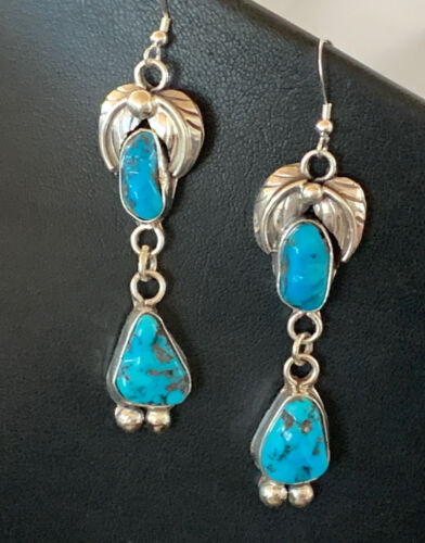 Navajo Kingman Turquoise Dangle Earrings | Sterling Silver | Authentic Native American Handmade | 01219