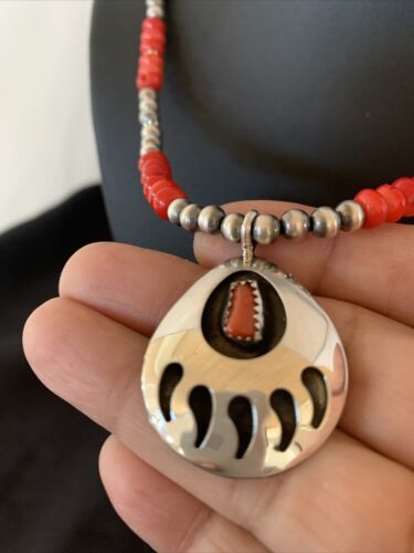 Navajo Bear Paw Red Coral Pendant Necklace | Sterling Silver | Authentic Native American Handmade | 11695