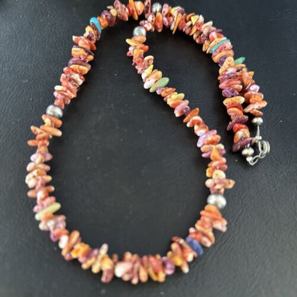 Navajo Multi-Color Spiny Oyster Necklace | Sterling Silver | 21" | Authentic Native American Handmade | 14309