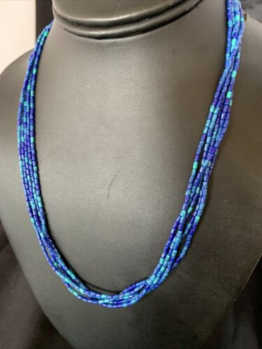 Blue Green Azurite Heishi Necklace | 5 Strand Stabilized Sterling Silver Pendant | 12930