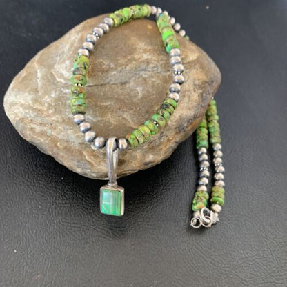 Navajo Green Gaspeite Turquoise Pendant | Sterling Silver | Authentic Native American Handmade | 13266