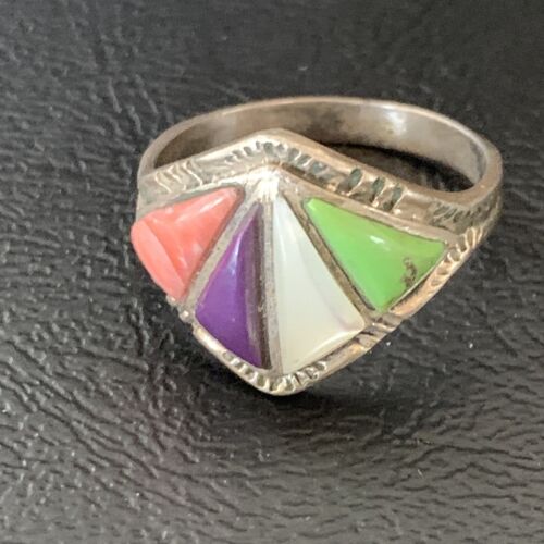 Navajo Multi-Color Gaspeite Sugilite Coral Mother of Pearl Inlay Ring | Sterling Silver | Sz 10.5 | 12397