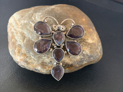 Navajo Dragonfly Pendant | Faceted Amethyst Gems Cluster | Authentic Native American Sterling Silver | Multi-Stone | 2.2" | 12738