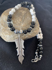 Navajo Feather Pendant | Black Onyx & Howlite | Sterling Silver Necklace | Authentic Native American Handmade | 01101