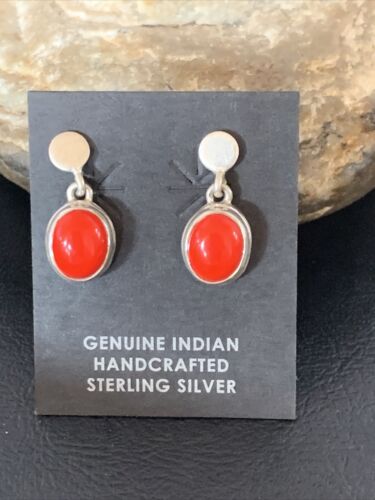 Native American Navajo Red Coral Dangle Earrings | Sterling Silver | 1" | 13114 - Masha USA