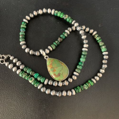 Navajo Green Mojave Turquoise Pendant Necklace | Sterling Silver | Native American Handmade | 13467