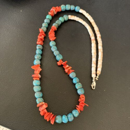 Southwestern Santo Domingo Red Coral Blue Turquoise Necklace | 28" | Authentic Native American Handmade | 12681