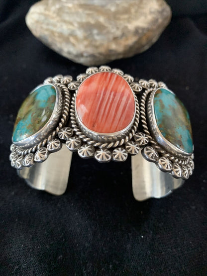 Navajo Royston Turquoise & Spiny Oyster Cuff Bracelet | Sterling Silver | Authentic Native American Handmade | 1105