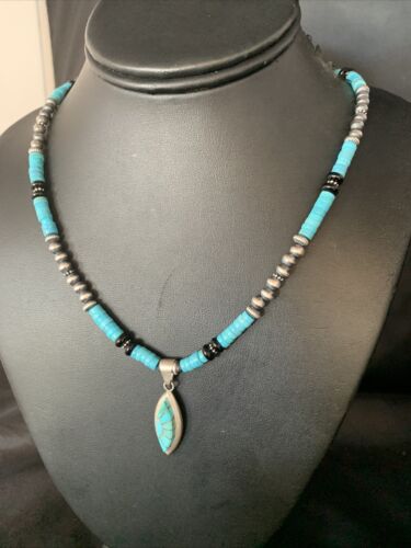 Navajo Inlay Blue Turquoise Onyx Inlay Pendant Necklace | Sterling Silver | Authentic Native American Handmade | 13797