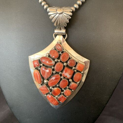 Navajo Red Spiny Oyster Pendant | Sterling Silver | Authentic Native American Handmade | 11514