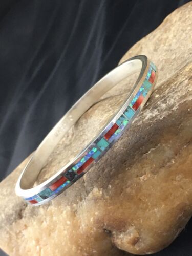 Native American Zuni Opal Spiny Turquoise Inlay Bracelet | Sterling Silver Bangle | 10199