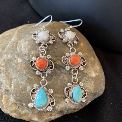 Navajo Spiny, Turquoise & Howlite Dangle Earrings | Sterling Silver | Authentic Native American Handmade | 1574