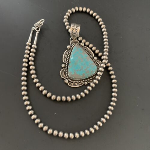Navajo Pearls Sterling Silver Necklace with Blue Turquoise #8 Pendant | Authentic Native American Handmade | 11311