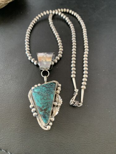 Men's Navajo Blue Spiderweb Turquoise Pendant Necklace | Sterling Silver | Authentic Native American Handmade | 10662
