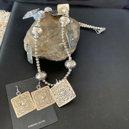 Navajo Square Blue Naja Necklace Set | Authentic Native American Sterling Silver | Handmade Stamped | 10767