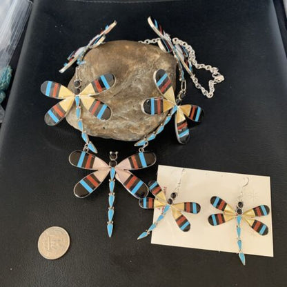 Zuni Dragonfly Necklace Earrings Set | Turquoise Onyx Inlay | Sterling Silver | Authentic Native American Handmade | 14213