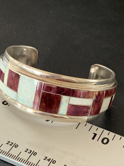 Zuni Purple Spiny Oyster Opal Inlay Cuff Bracelet | Sterling Silver | Authentic Native American Handmade | 12094