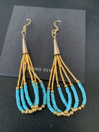 Navajo Blue Turquoise Dangle Heishi Earrings | Liquid Gold Filled Tubes | 2" | 13032
