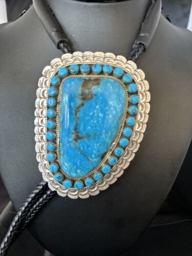 Navajo Blue Kingman Turquoise Bolo Tie | Sterling Silver | Authentic Native American Handmade | 14228