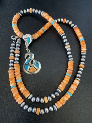 Navajo Pearls Necklace with Orange Spiny Oyster & Turquoise Pendant | Sterling Silver | Authentic Native American | 20" | 12703