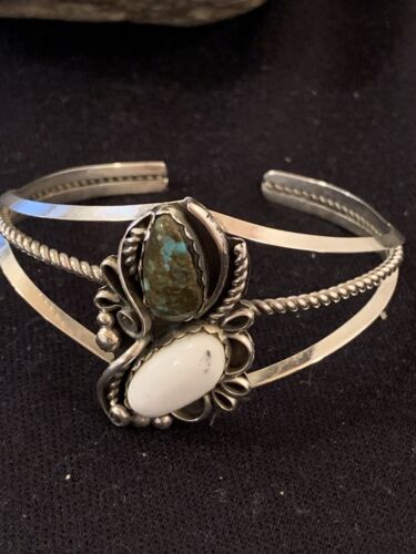 Navajo White Buffalo Turquoise Cuff Bracelet | Sterling Silver | Authentic Native American Handmade | 347
