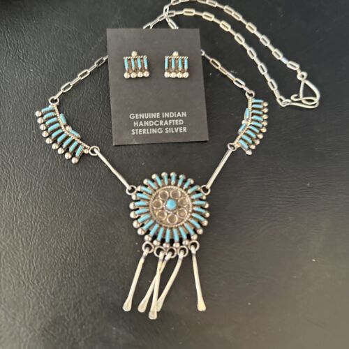 Zuni Kingman Turquoise Needle Point Necklace Pendant Earrings Set | Sterling Silver | Native American Handmade | 14488