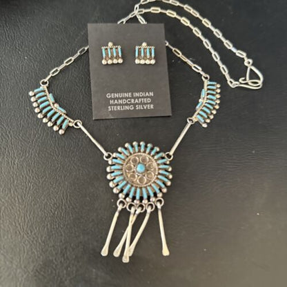 Zuni Kingman Turquoise Needle Point Necklace Pendant Earrings Set | Sterling Silver | Native American Handmade | 14488