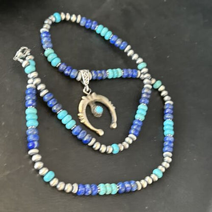 Navajo Blue Turquoise Lapis Necklace Pendant | Authentic Native American Sterling Silver | Naja | 14638