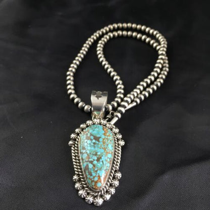 Navajo Pearls Sterling Silver Necklace with Blue #8 Turquoise Pendant | 2.7" | Authentic Native American Handmade | 10151