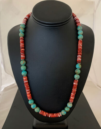 Men's Royston Turquoise & Red Spiny Necklace | Navajo Pearl | Sterling Silver | Native American | 22" | 02173
